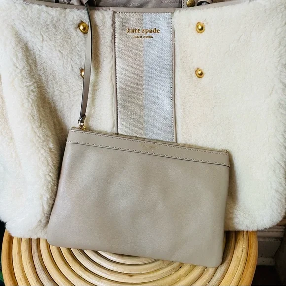 🆕 Kate Spade Everything Racing Stripe Faux Shearling Large Tote Cream Multi Bag